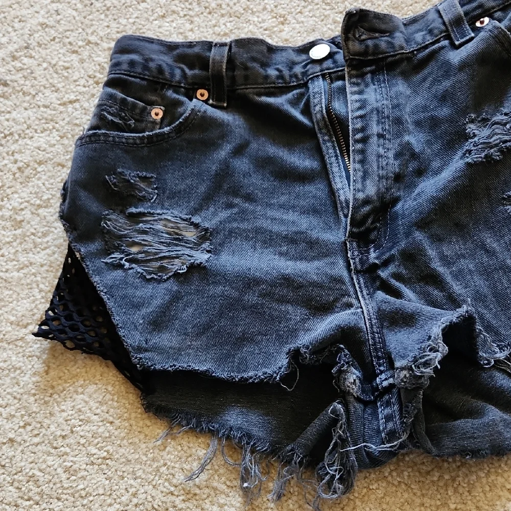 Furst of a Kind Reworked Levi's Dark Denim Distressed Shorts Mesh Sides Sz M